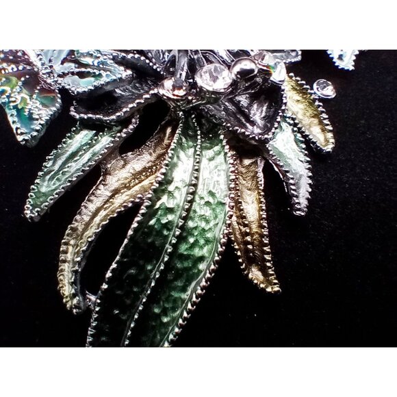 Floral & Butterfly Statement Necklace Rhinestone Accents Green Silver-Tone Metal - Picture 5 of 16
